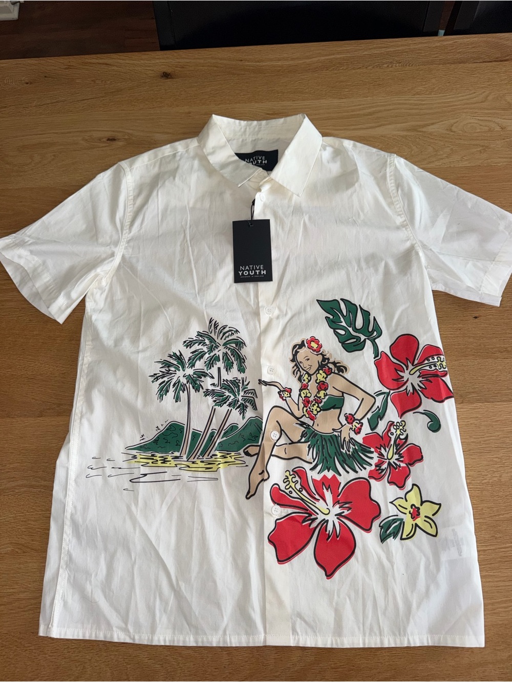 NATIVE YOUTH White Hawaiian Floral & Hula Girl Short-Sleeve Button Shirt